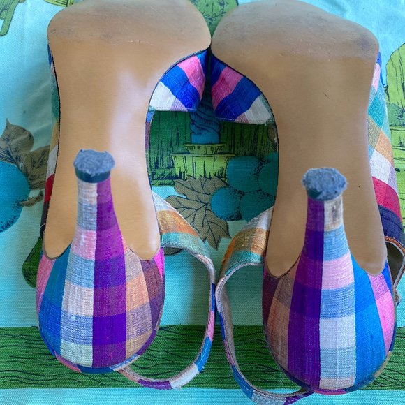 Vintage 1950s 1960s Spring Rainbow Plaid Silk Palter DeLiso Sandals Size US 9M - Picture 10 of 12